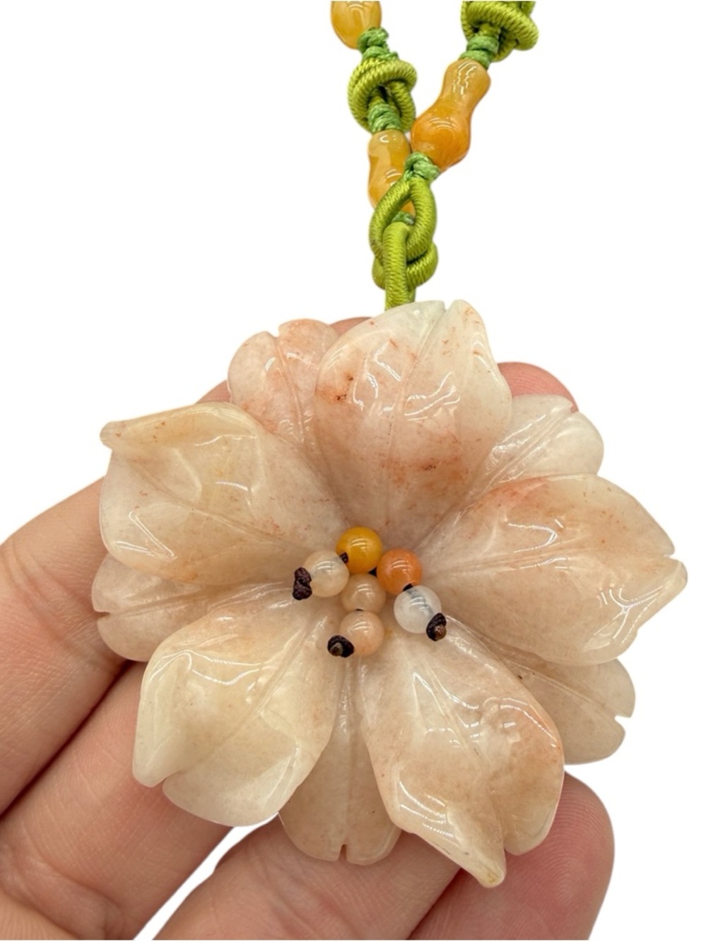Vintage Floral Pendant Necklace Peach Jade Macrame Necklace 14”-26” - Picture 5 of 10